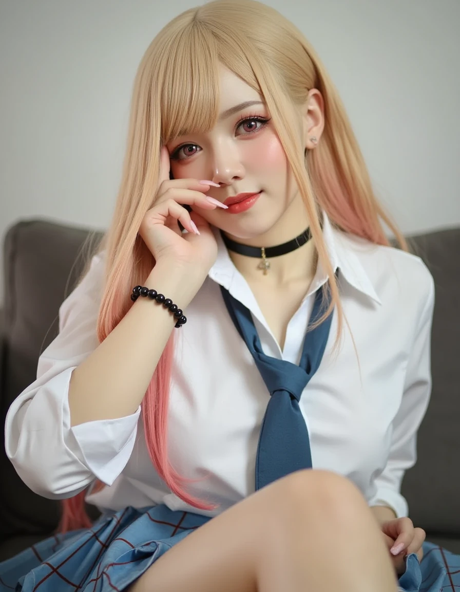Ultrarealistic Photography, Mar1n_K1tagawa , cosplay, long hair, blonde hair, red eyes, piercing, earrings, ear piercing, stud earrings, black choker, loose necktie, school uniform, white collared shirt, pleated skirt, plaid skirt, bead bracelet, wrist scrunchie, long fingernails, <lora:marin-kitagawa:1>