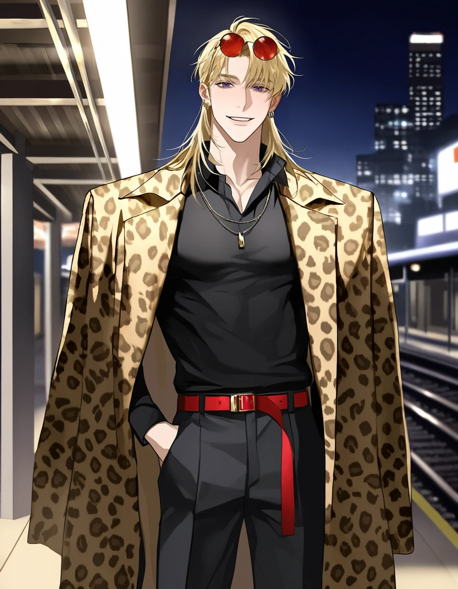 masterpiece, best quality, absurdres,  1boy, solo, BREAK male focus, purple eyes, (long hair, blonde hair, bangs), leopard print coat over shoulders, muscular, open black shirt, jewelry, earrings, (round eyewear, red sunglasses, eyewear on head), black pants, red belt, shoes, smile, parted lips, BREAK train station, night, city, cowboy shot, standing, looking at viewer, ikemenboys, whisper of the shade,  <lora:IkemenBoys_Illustrious:0.95>