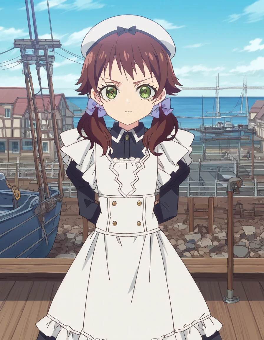 score_9, score_8_up, score_7_up, source_anime, <lora:seireigensouki-chloe-s2-ponyxl-lora-nochekaiser:1>, chloe, brown hair, twintails, green eyes, hair bow, anime screencap,, long sleeves, hat, apron, maid, shipyard, boats, construction, metal, workers, , hands behind back, bent over,, looking at viewer, solo,, cowboy shot