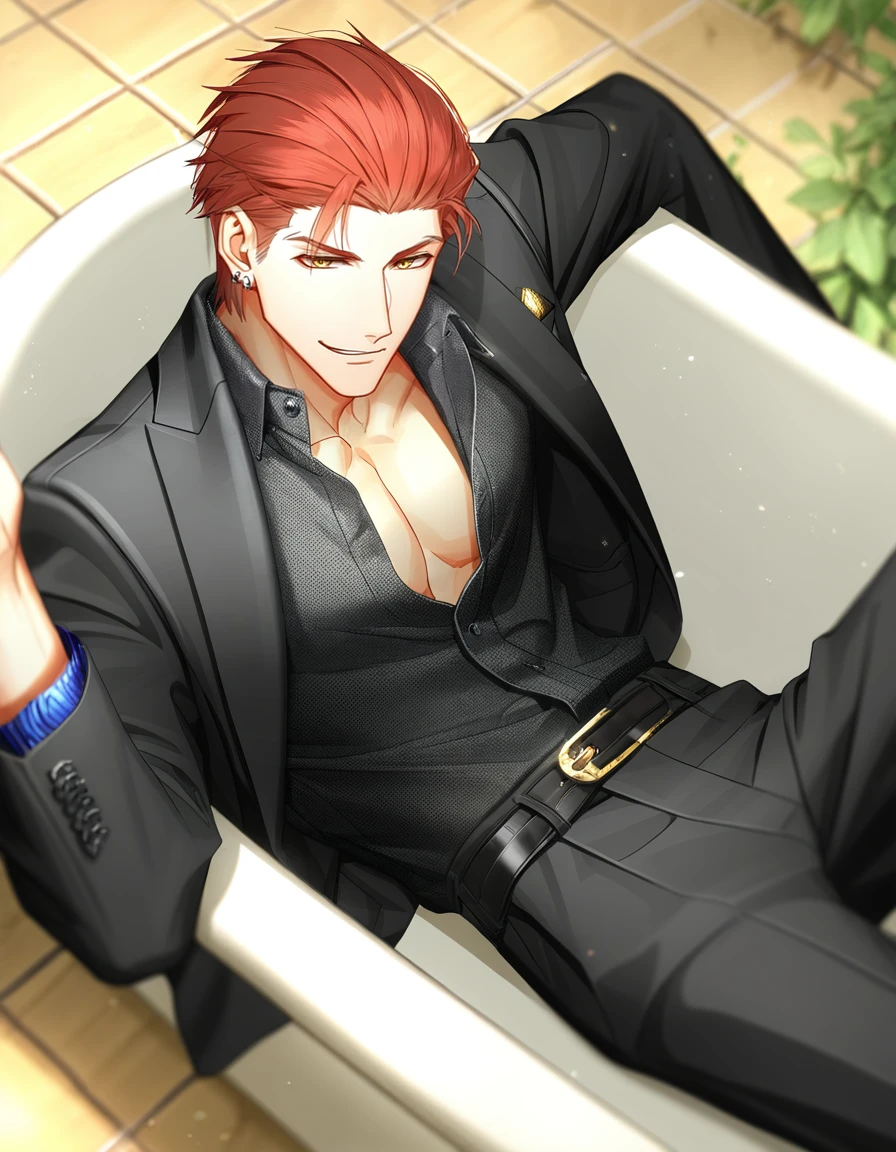 masterpiece, best quality, absurdres,  1boy, solo, BREAK male focus, yellow eyes, (short red hair, hair slicked back), formal, suit, piercing, earrings, black pants, belt, open shirt, smirk, BREAK bathtub, from above, lying, looking at viewer, ikemenboys, lightandnight, <lora:IkemenBoys_Illustrious:0.95>