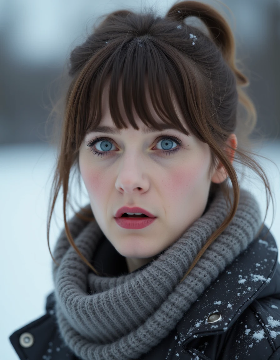 8k hdr. <lora:ZooeyDeschanelFlux3c-000001:1> She has a fair complexion and Her hair is styled in a casual, messy updo with bangs framing her face. She has striking blue eyes and a subtle, natural makeup look with a hint of pink lipstick. wearing winter clothes thick jacket, sweater and scarf, snow is accumulating on her hair, shoulders and clothes, Dynamic pose, at Dawn,