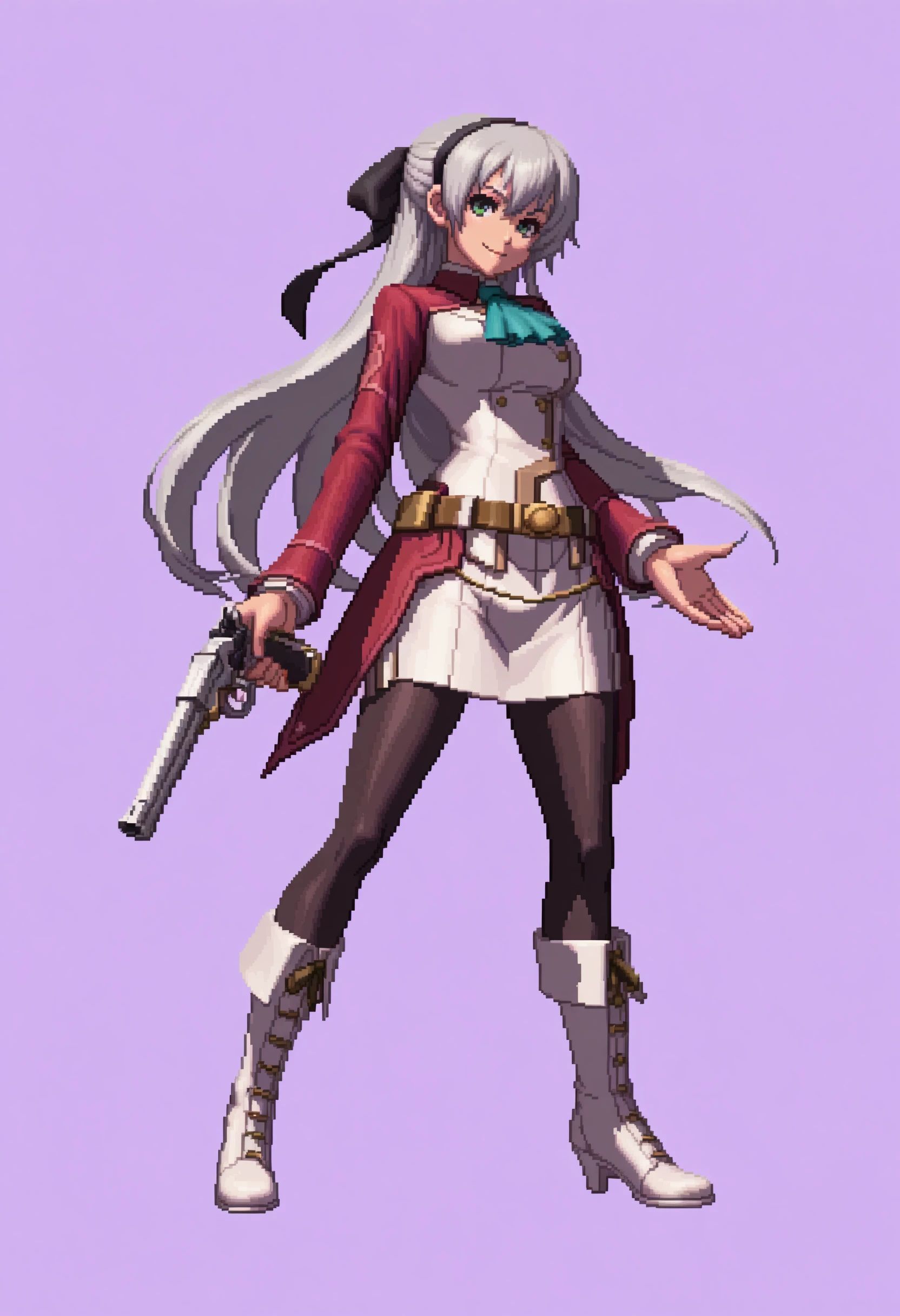 masterpiece, best quality, 1girl, solo, smile, looking at viewer, <lora:KOF-XIII-SpritesV2-illus_Fp:1>, full body, simple background, pixel art, <lora:elie-illu-nvwls-v1:1>, zrelie, grey hair, long hair, half updo, green eyes, black hairband, hair ribbon, white and red uniform, white dress, aqua ascot, brown belt, black pantyhose, white boots, holding gun, v