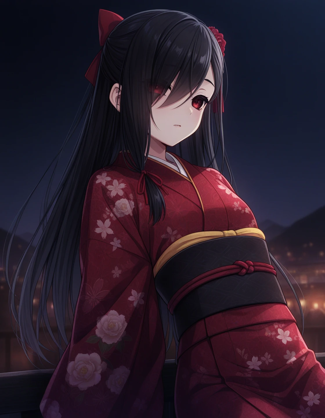 1girl, solo, black hair, long hair, hair ribbon, hair over one eye, eyes visible through hair, red eyes, red kimono, floral kimono, black obi, leaning back, outdoors, night, dark theme <lora:nagami_kiyora_ilxl_v1:0.6>