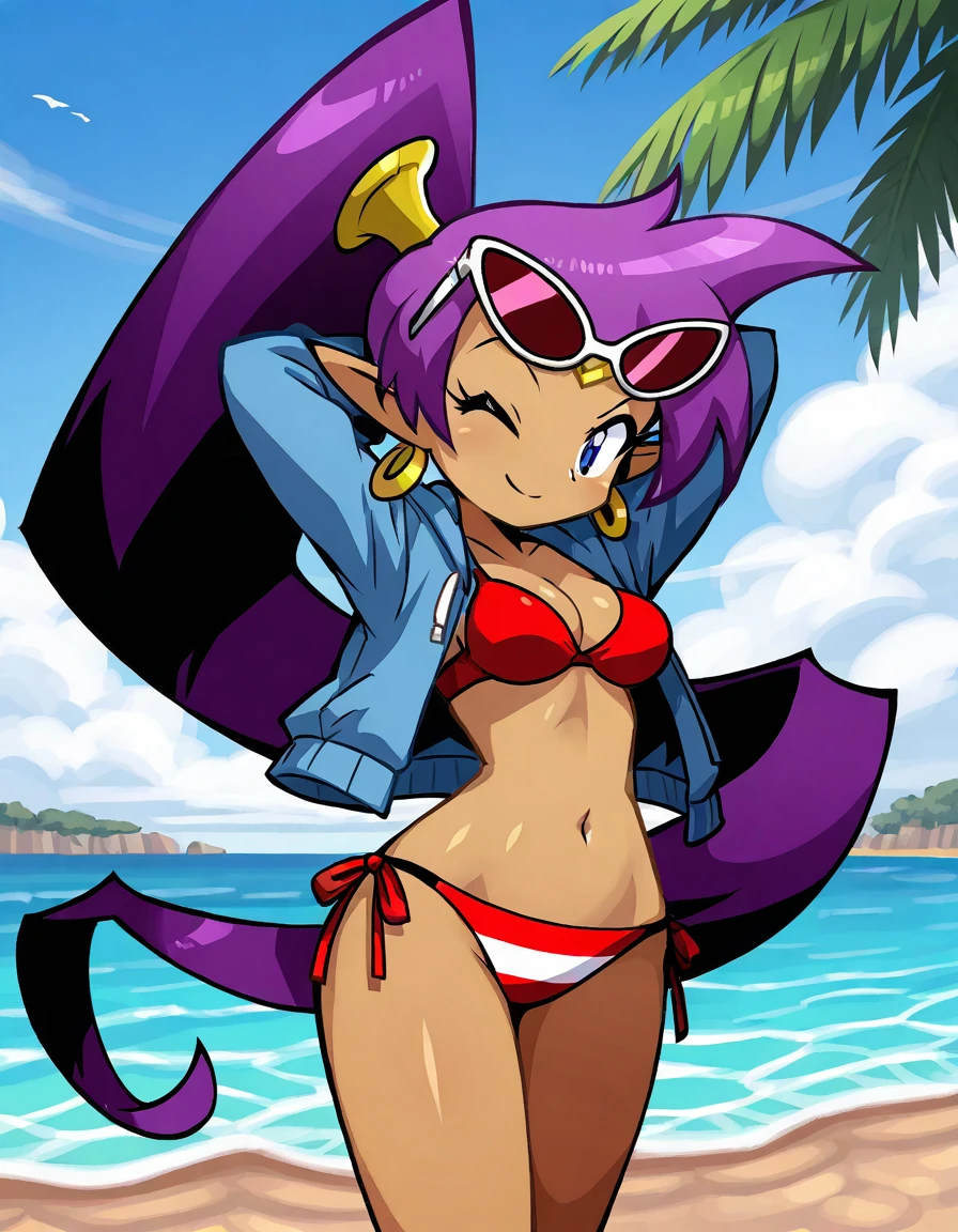 <lora:ShantaeIllustrious1.0JLFO:1> ,cowboy shot, looking at viewer,standing,,Shantae, 1girl, shantae, swimsuit, dark skin, pointy ears, solo, bikini, jewelry, purple hair, blue eyes, breasts, one eye closed, hoop earrings, navel, ponytail, smile, striped, sunglasses, cleavage, medium breasts, striped bikini, side-tie bikini bottom, beach, red bikini, eyewear on head, jacket, arms behind head, arms up