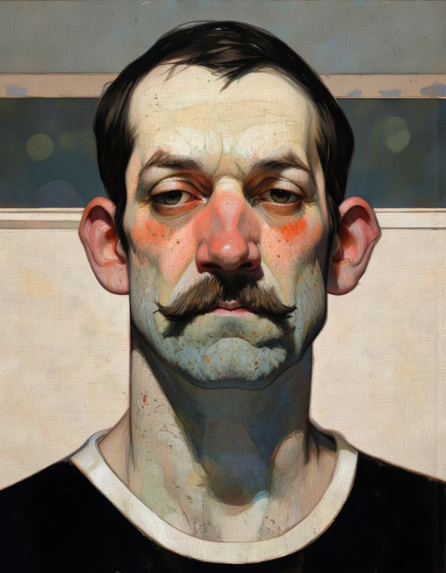 Steve McDonald Art. This is a digital painting of a man's face, rendered in a realistic yet stylized manner. The subject is a middle-aged man with a prominent, dark mustache and a solemn expression. His skin is fair with a subtle reddish hue, suggesting the light source is from the left side, casting a soft glow on his face. The man's hair is dark and styled in a classic, slightly wavy manner, with a few strands falling across his forehead. He is wearing a white collar under a dark shirt, with the dark fabric of the shirt contrasting sharply against the lighter tones of his face and collar.
The background is abstract and muted, featuring soft, gradient colors that blend from dark to light, creating a neutral backdrop that does not distract from the subject. The painting uses a smooth, almost velvety texture, with subtle brushstrokes and shading that add depth and realism to the face. The overall style is reminiscent of classical portraiture, with a modern digital twist that enhances the detailed and expressive features of the subject. The image captures a moment of introspection or contemplation, with the man's gaze directed slightly downwards, adding to the somber mood of the painting. <lora:Steve_McDonald:1.25>