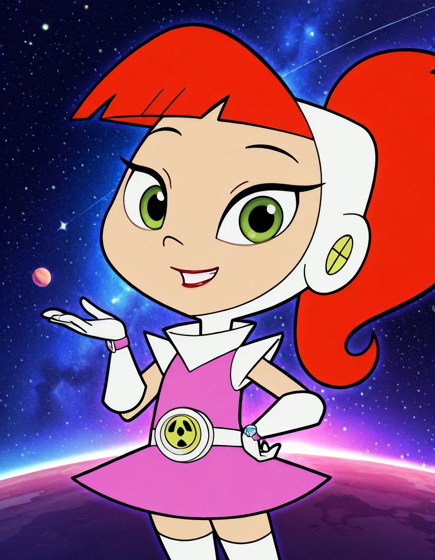 ((masterpiece, best quality)),(complex light), 1girl, ,solo,solo focus, full body, atomic betty, <lora:atomic_betty2-10:0.8>,ponytail, red hair, gloves, chibi,pink dress, thigh boots, white headwear,