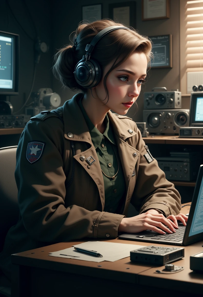 YFG-SpyWorld50s The image shows a young woman sitting at a desk with a laptop in front of her. She is wearing a brown jacket with a badge on the left side of her chest. Her hair is styled in loose waves and she has a pair of black headphones on her head. The woman is looking down at the laptop screen with a serious expression on her face. Behind her, there are various electronic devices and equipment scattered around the desk. The room appears to be cluttered with papers and other items. The overall mood of the image is dark and mysterious.