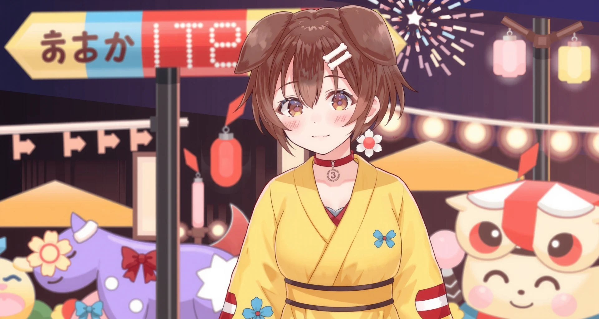 an amazing picture of virtual youtuber inugami korone at a festival in japan wearing a yellow kimono, it is night time with fireworks in the sky
<lora:koroneflux:0.75>