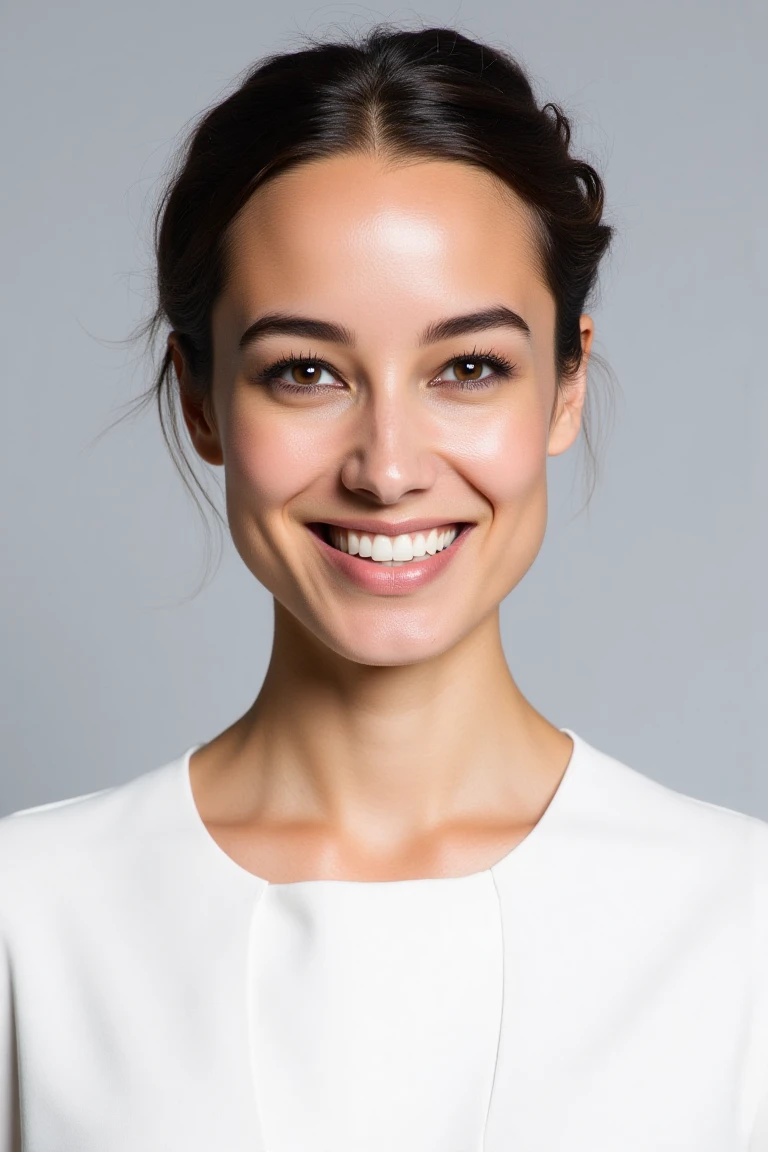 High quality realistic beauty shot of bereflx. A close-up shot of a woman. She is wearing a white blouse. Her hair is pulled back. The backdrop is a light gray. She is giving a beautiful smile.