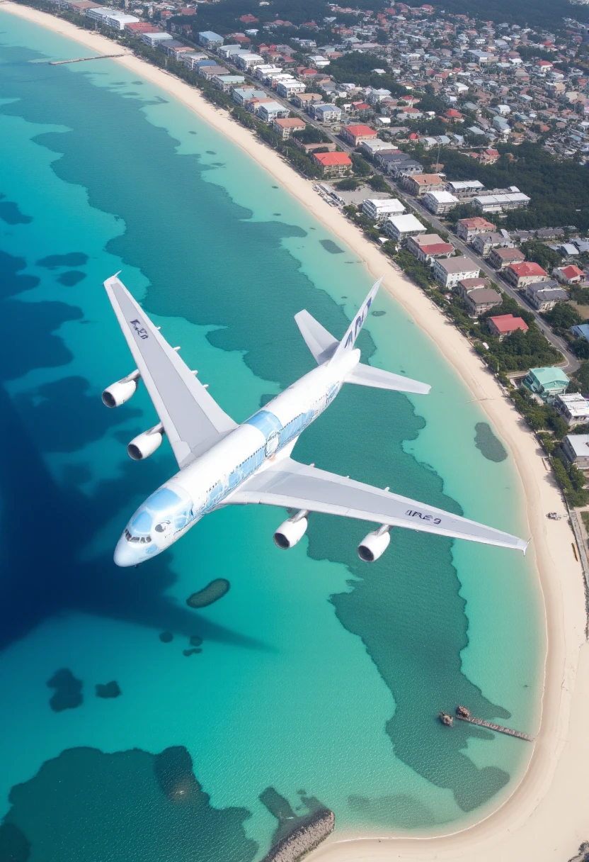 1 airplane is flying,picturesque coastal landscape., <lora:flying_honu:1>,flying_honu,a380,,unit3, <lora:aidmaImageUpraderv0.3:0.7> aidmaimageupgrader