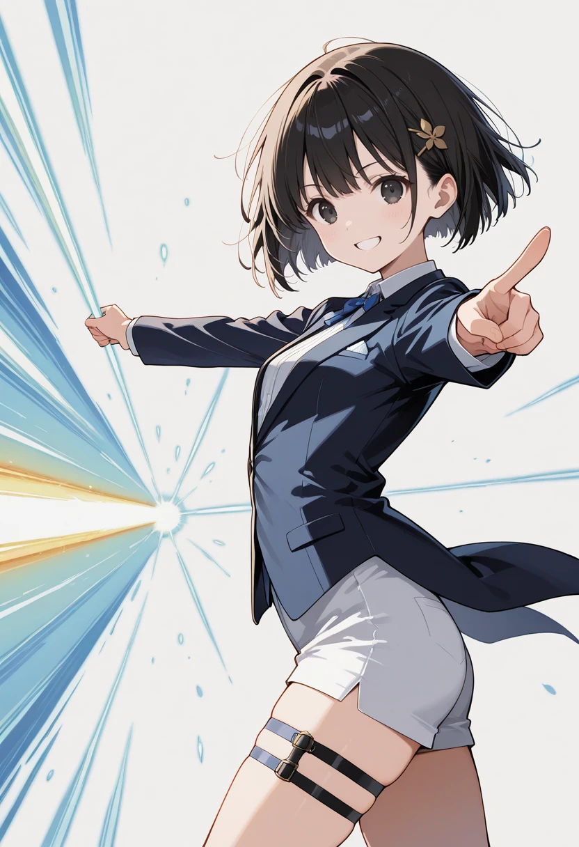 masterpiece, best quality, perfect anatomy, very aesthetic, ((outlined outlined vector graphics)), cute face, (glow eyes:0.8), side view , looking at viewer ,simple background ,1girl, (focus female),
20yo, black hair, black eyes, short bob hair, hair pin,small breast, slender,(white thigh strap:1.1), formal suit , clothed,
smile , openai beam , shooting a beam, finger pointing , blue beam <lora:openai-beam-il-01:1>