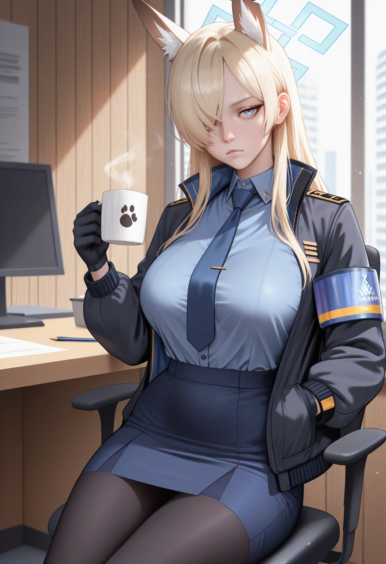 masterpiece, best quality, realistic, solo, 1girl, k4nnadef, unamused, closed mouth, looking at viewer, sitting, office chair, hand in pocket, holding coffee mug, long hair, blonde hair, hair over one eye, animal ears, notched ear, animal ear fluff, extra ears, blue halo, blue eyes, black jacket, open jacket, long sleeves, armband, blue shirt, collared shirt, shirt tucked in, blue necktie, tie clip, black gloves, blue skirt, pencil skirt, black pantyhose, large breasts, indoors, office, wooden wall, window, desk
<segment:yolo-face_yolov8m.pt,0.4,0.5//cid=1>