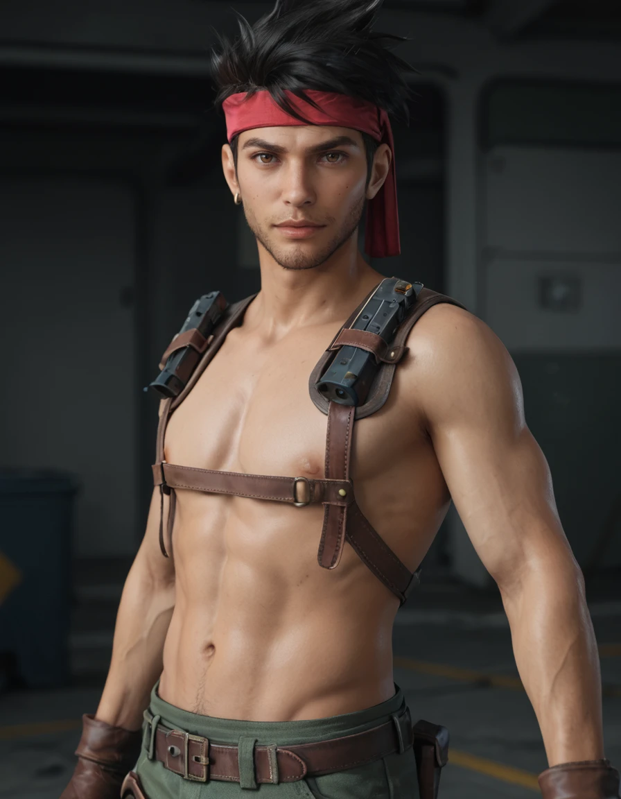 score_9, score_8_up, score_7_up, score_6_up, score_5_up, score_4, hangar, upper body, looking at viewer
BREAK <lora:Biggs_-_Final_Fantasy_7_-_Pony:0.8> ff7biggs, dark skin, male, black hair, short hair, brown eyes, facial hair, red headband, single earring, harness, shirtless, holster, belt, brown gloves, green capri pants, boots, weapon, holding, gun, fingerless gloves