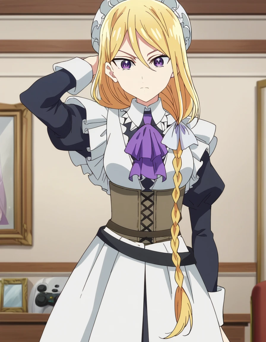 score_9, score_8_up, score_7_up, source_anime, <lora:aria-gavaness-s2-ponyxl-lora-nochekaiser:1>, aria gavaness, long hair, blonde hair, hair between eyes, purple eyes, braid, hair over shoulder, medium breasts, anime screencap,, long sleeves, dress, maid, maid headdress, corset, living room, video game, controller, competitive, fun, afternoon, , hand behind head, , looking at viewer, solo,, cowboy shot