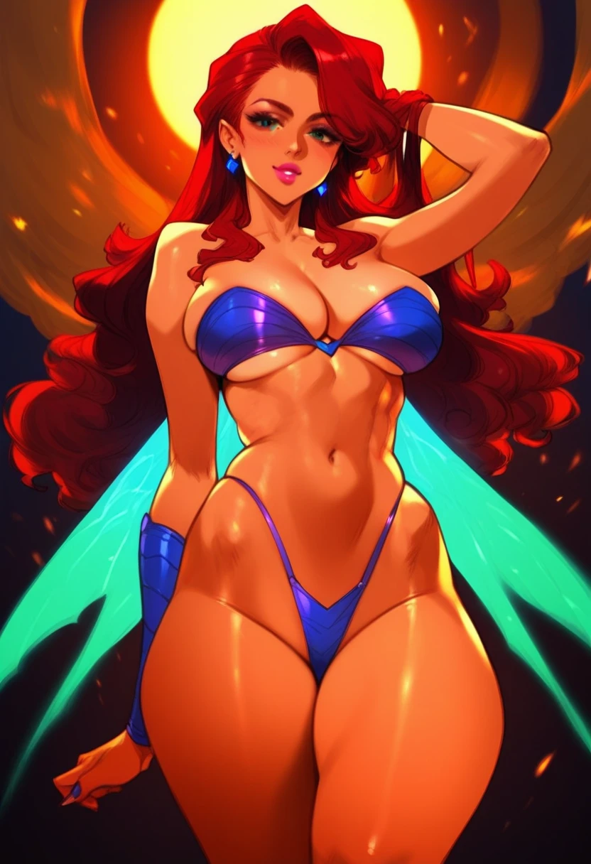 Masterpiece: 1.3, 1 girl ((25 years old, dressed in a tight white bikini, leather boots, huge breasts, long red hair, beautiful face, perfect model body, big dragon horns, bright purple eyes: 1.4, crazy, big smile, looking at the girl:1.2, oasis in the background at night: 1.1, beautiful and energetic atmosphere:1.2))