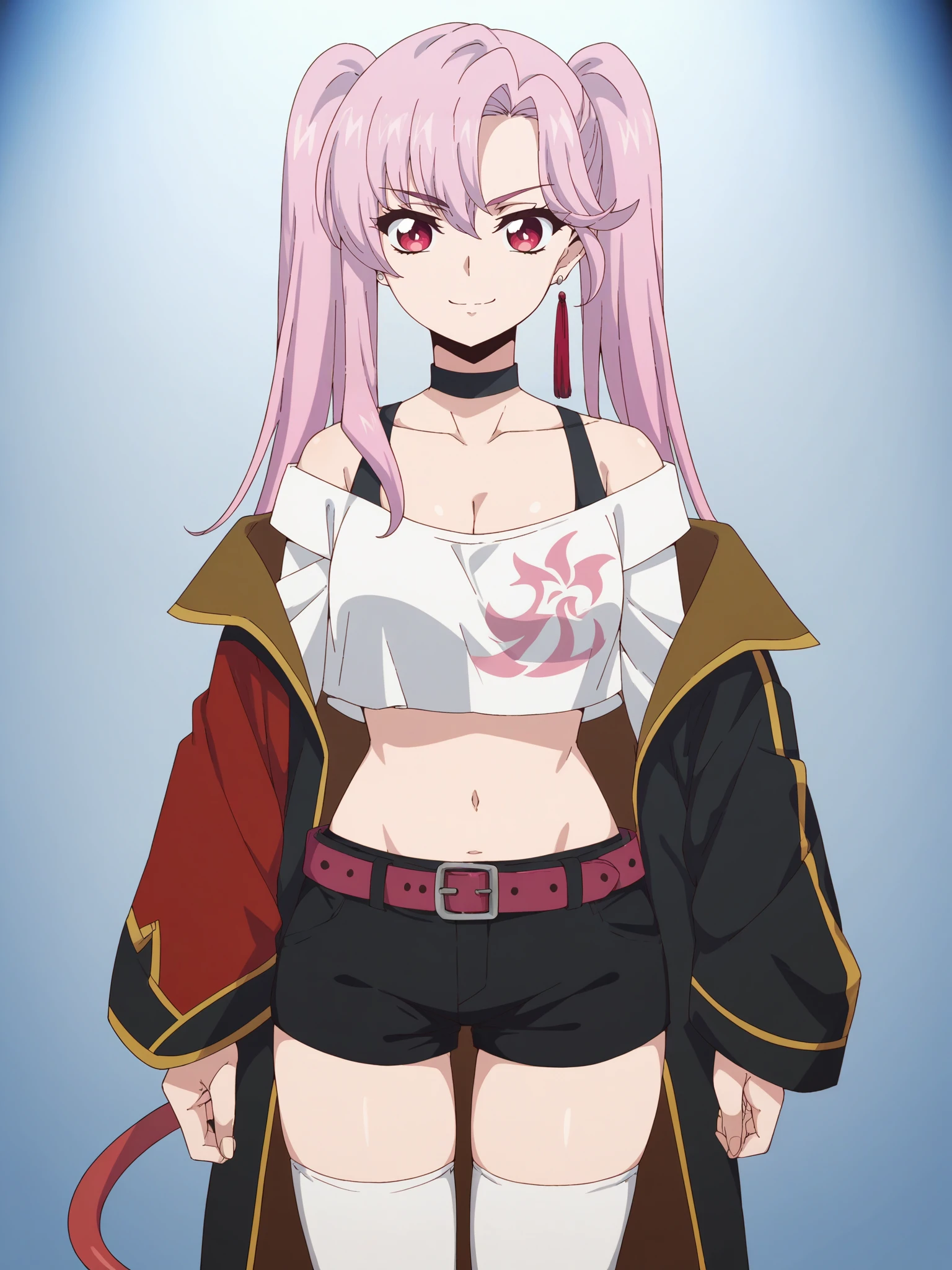 score_9, score_8_up, score_7_up, score_6_up, score_5_up,
1girl, solo, breasts, tail, pink_hair, horns, demon_tail, shorts, jacket, twintails, large_breasts, smile, looking_at_viewer, long_hair, navel, choker, black_background, pink_eyes, short_shorts, belt, demon_girl, pink_jacket, demon_horns, simple_background, tank_top, open_jacket, cleavage, black_shorts, open_clothes, thighhighs, off_shoulder, bare_shoulders, closed_mouth, head_tilt, hair_between_eyes, cowboy_shot, jewelry, micro_shorts, collarbone, black_choker, white_thighhighs, crop_top, bangs, earrings, clothes_writing, shirt, midriff, standing, see-through, contrapposto, long_sleeves,
<lora:Cardfight_Vanguard_Divinez:1>