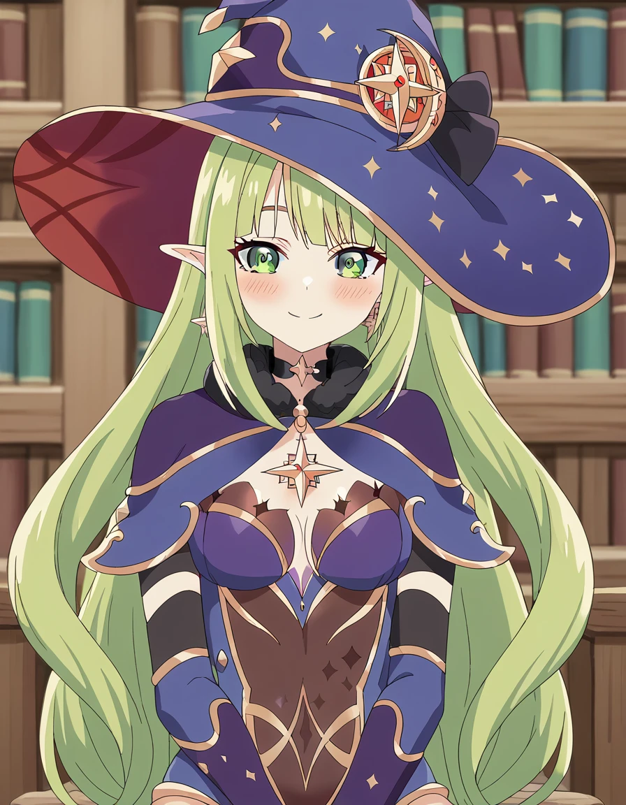 score_9, score_8_up, score_7_up, source_anime, <lora:orphia-s2-ponyxl-lora-nochekaiser:1>, orphia, long hair, bangs, very long hair, green eyes, hairband, green hair, pointy ears, elf, green hairband, mature female, small breasts, anime screencap,, <lora:genshin-mona-cosplay-ponyxl-lora-nochekaiser:1>, genshin mona cosplay, mona (genshin impact) (cosplay), gloves, hat, jewelry, earrings, detached sleeves, choker, black gloves, cape, leotard, witch hat, hat ornament,, indoors, library, books, sitting, smile, blush, cowboy shot, looking at viewer, , cowboy shot