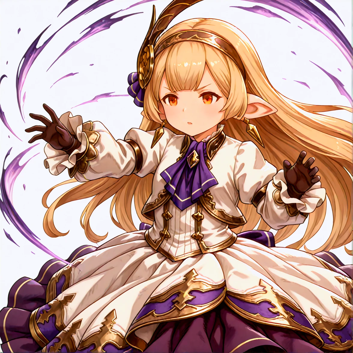 1girl,granblue fantasy,
maglielle, blonde hair, orange eyes,  white dress,  earrings,  hairband, hair ornament,   frilled sleeves,  brown gloves,puffy long sleeves, sleeves past wrists, layered dress,  purple ascot,  long skirt, reaching,fighting stance,  looking afar,
<lora:maglielle-ilstlion:1>, masterpiece, best quality,  absurdres, highres, <lora:dmd2_sdxl_4step:1>