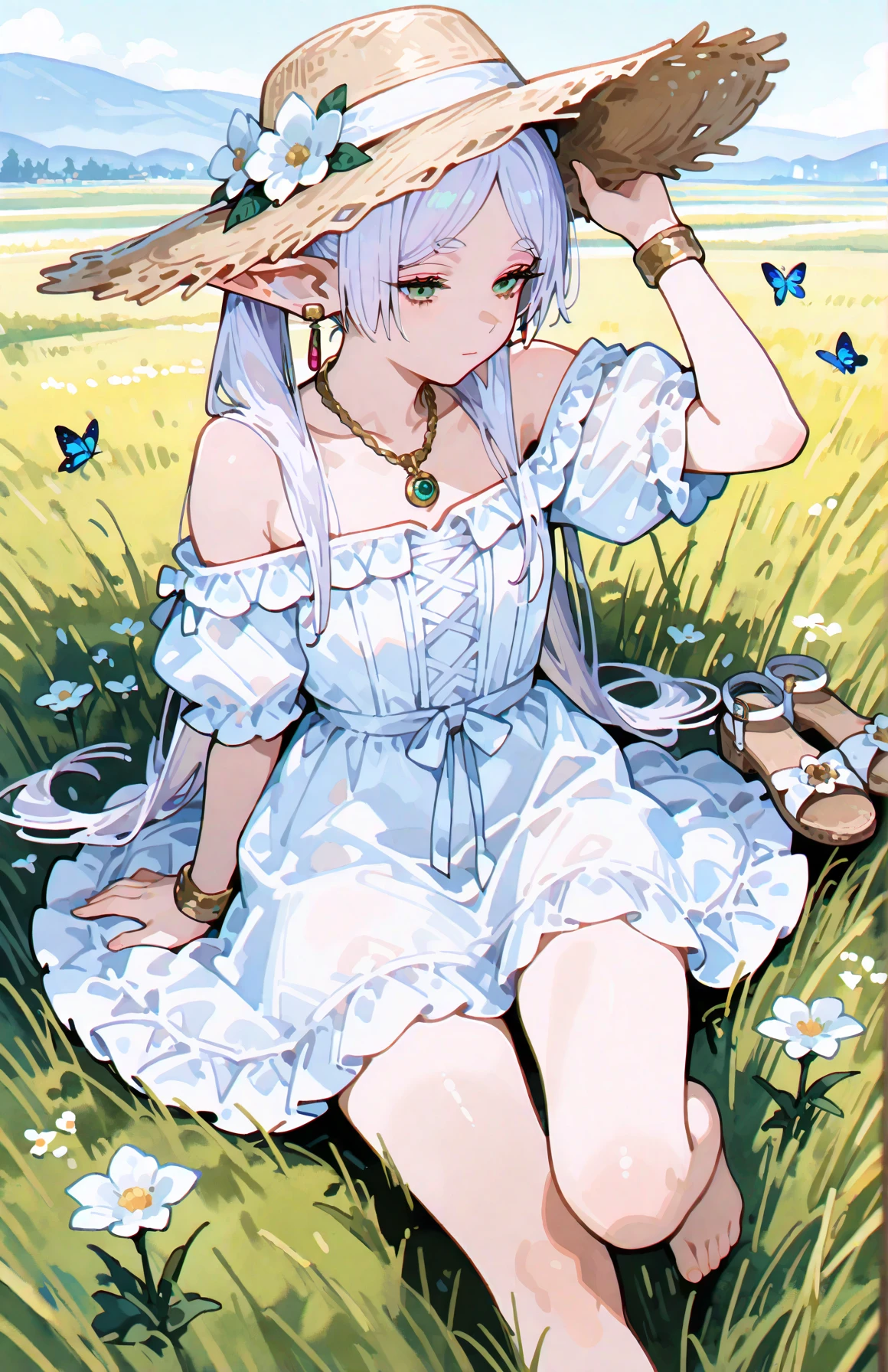 perfect quality,high quality,masterpiece,best quality,amazing quality,very aesthetic,absurdres,newest,
FrierenCyql,1girl,elf,solo,long hair,twintails,white hair,green eyes,pointy ears,earrings,jewelry,<lora:Frieren_Illustrious by Cyql:1>,
straw hat,dress,sitting,very hat,barefoot,unworn shoes,jewelry,outdoors,twintails,white dress,looking at viewer,necklace,sun hat,bracelet,bug,off-shoulder dress,flower,off shoulder,bare shoulders,collarbone,unworn sandals,butterfly,earrings,day,closed mouth,umbrella,frills,shoes,grass,hand on headwear,white flower,sandals,bare legs,frilled dress,full body,
<lora:USNR STYLE_XL_loha:0.45>,usnr,<lora:MGE_V5.3:0.6>,<lora:GBF_Illustrious:0.4>,gbf_style,<lora:748cmSDXL:0.8>,748cmstyle,<lora:ponyv5_noobV065S_1_adamW:0.7>,