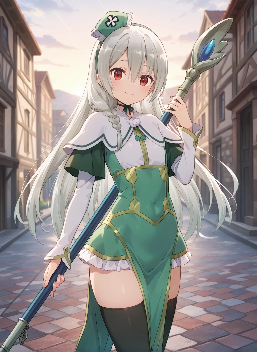 High quality,Ultra detailed,best quality,insanely detailed,beautiful,masterpiece,absurdres,very aesthetic,sensitive BREAK
1girl,solo,<lora:maidena_angers_V1_IL:1>,(maidena_angers, very long hair, grey hair, red eyes, hair between eyes, bangs,  flat chest),(green dress, capelet, long sleeves, pelvic curtain, frilled skirt, thighhighs,black thighhighs,chin strap,hat,green footwear,green hairband,single braid),looking_at_viewer,posing,smile,outdoors,looking back,staff,holding staff,