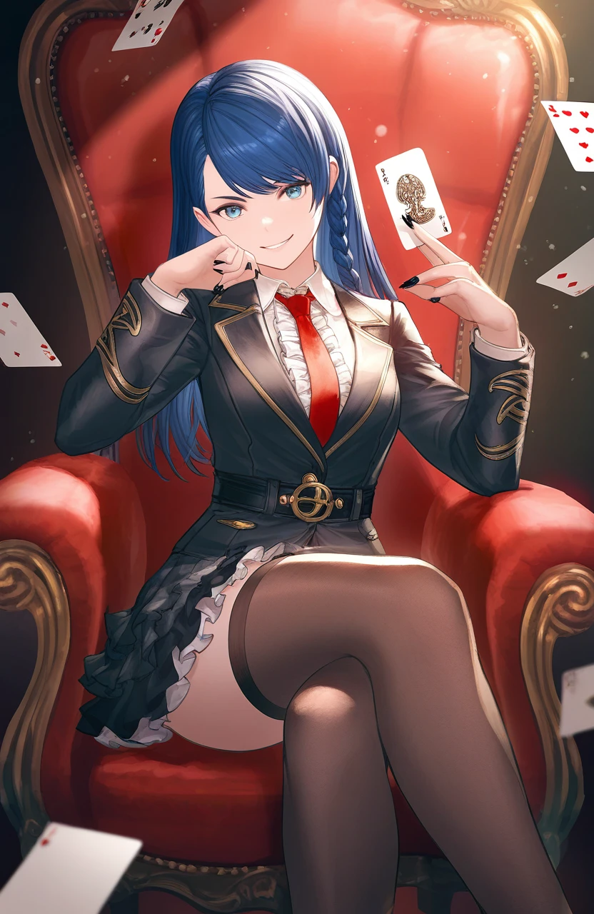 masterpiece,best quality,amazing quality,very aesthetic,absurdres,newest,impactful picture,offcial art,movie perspective,
lobelia \(doa\),long hair, asymmetrical bangs, single braid, side braid,looking at viewer,blue hair,evil grin,
artist:minaba hideo,
holding cards,playing cards,cards drop, jacket, necktie, red necktie, thighhighs, smile, frillsta fashion, looking at viewer, black nails, black thighhighs,sitting, playing card, shirt, long sleeves, frilled skirt, layered skirt, solo, black jacket, nail polish, skirt, white shirt, center frills, chair, collared shirt, black skirt, crossed legs, feet out of frame, closed mouth
<lora:doa_lobelia_noobxl_vpred10_v10:0.9>