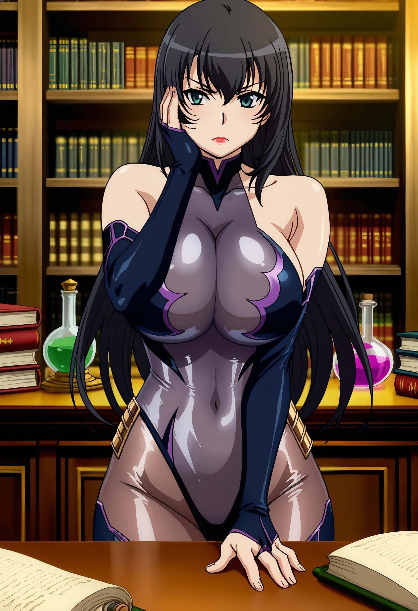 best quality, masterpiece, anime_screencap, hi res, best_quality, very aesthetic, absurdres, 8k, twyk, 1girl,solo, female_focus,
glamorous, slender, voluptuous,
large breasts,collarbone, bare shoulders, 
lipstick, makeup,
serious, thinking, hand_on_own_cheek, standing,
turtleneck ,impossible leotard, highleg leotard, purple leotard, impossible clothes, see-through, shiny clothes, skin tight, fingerless gloves, elbow gloves, thigh boots, high heel boots, fantasy, library, bookshelf, too_many_books, scroll, potion, table, shelf