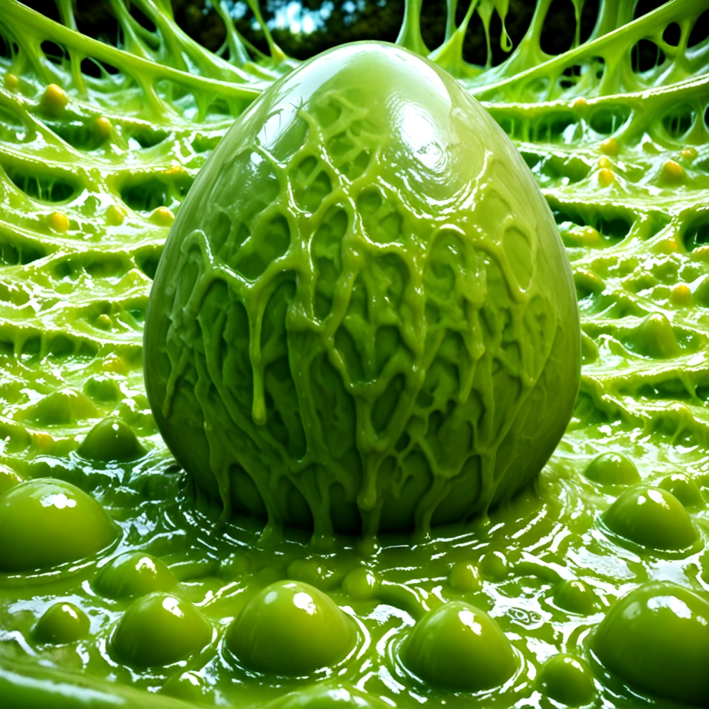 <lora:HNNM_IL_v4:0.5>, A hyper-realistic depiction of an alien egg covered in slime-like snot mucus, set in a dimly lit, eerie environment. The egg has a translucent, growing green gelatinous surface with visible pulsating veiny veins inside