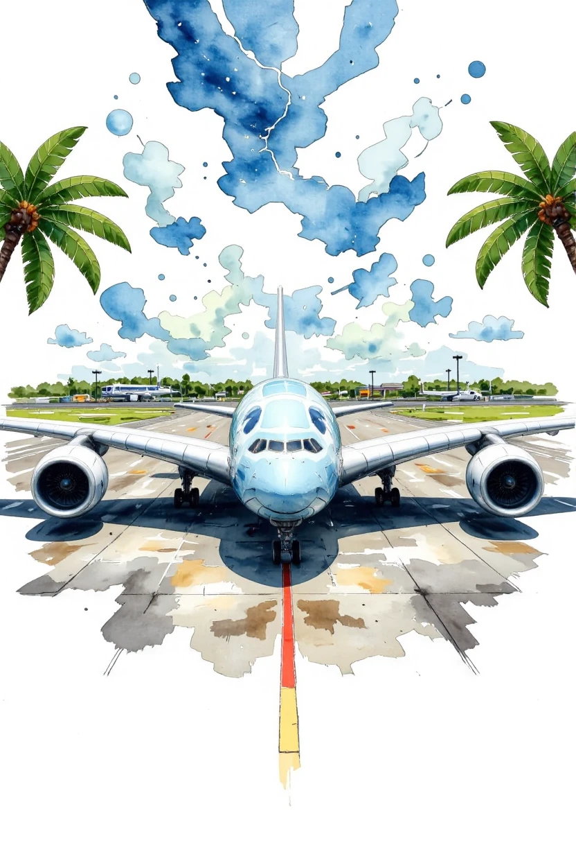 watercolor art,Airplane taxiing at Kii Port, Hawaii, palm trees, airport facilities, <lora:flying_honu:1>, flying_honu, a380, unit 2, <lora:aidmaImageUpraderv0.3:0.7> aidmaimageupgrader <lora:schnell_v1.0:1> none <lora:FluxWatercolor:1> Jedwtclr,