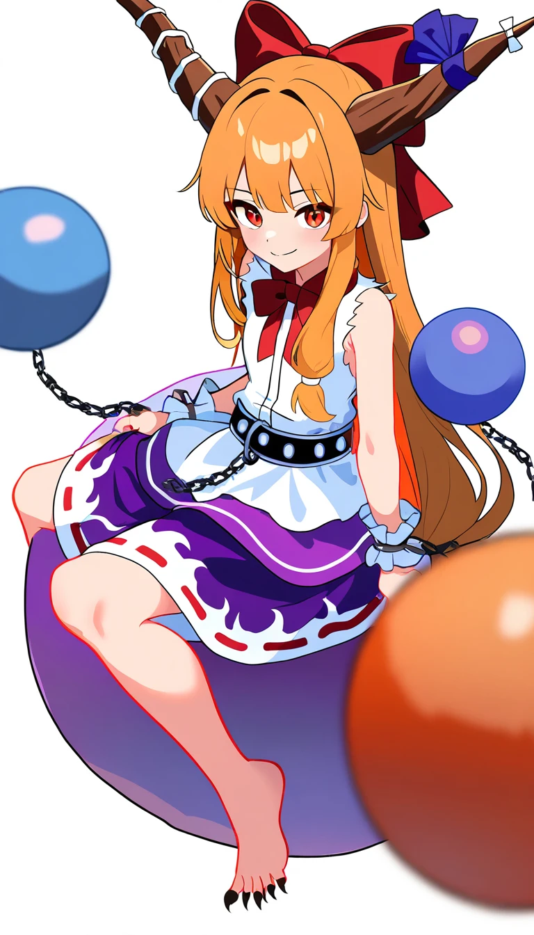 best quality, masterpiece, highres, solo, {ibuki_suika_touhou:1.15}, horns, bow, long_hair, hair_bow, ribbon, horn_ornament, sleeveless, horn_ribbon, smile, orange_hair, red_bow, chain, wrist_cuffs, bangs, open_mouth, very_long_hair, blonde_hair, 1girl, belt, black_footwear, cube, cuffs, full_body, looking_at_viewer, low-tied_long_hair, ribbon-trimmed_skirt, shirt, shoes, skirt, socks, white_shirt, fang, footwear_bow, gourd, orange_eyes, ribbon_trim, sleeveless_shirt, white_socks, holding, purple_skirt, shackles, simple_background, white_background