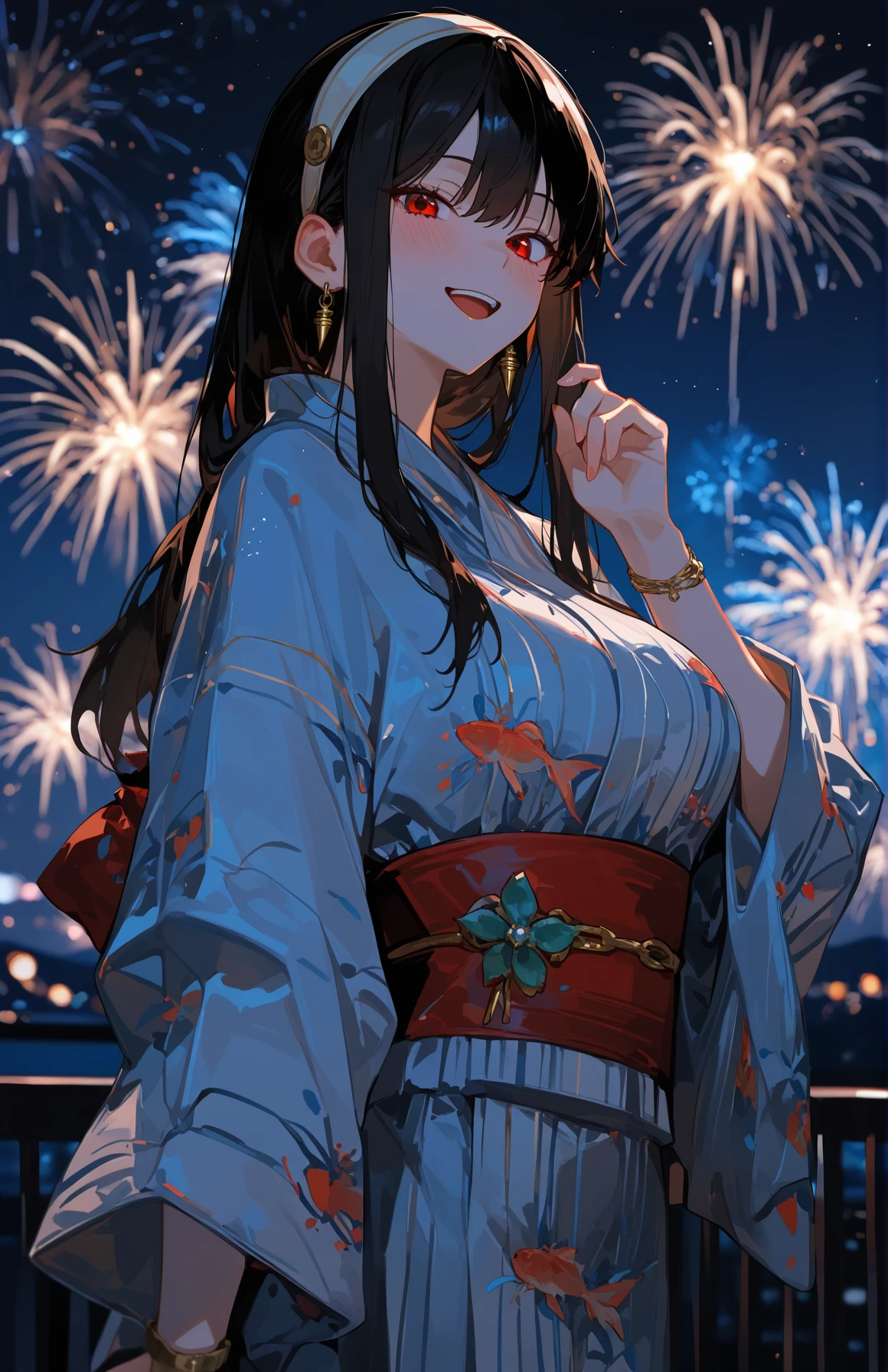 perfect quality,high quality,masterpiece,best quality,amazing quality,very aesthetic,absurdres,Cinematic Lighting,newest,Tactical use of shadow,
yor briar_cyql,1girl,solo,black hair,long hair,sidelocks,hairband,white hairband,red eyes,jewelry,earrings,
fireworks, kimono, japanese clothes, breasts, sash, aerial fireworks, obi, large breasts, open mouth, smile, looking at viewer, animal print, blue kimono, night, railing, outdoors, fish print, jewelry, bracelet, wide sleeves, blush, night sky, parted bangs, yukata, sky, :d, teeth, vertical-striped clothes, blurry, long sleeves, striped clothes, single hand up, bow,
<lora:yor briar_Illustrious by Cyql:1>,qxys,748cmstyle,EtherStyle,<lora:spo_sdxl_10ep_4k-data_lora_webui:0.7>,<lora:96YOTTEA-WAI:0.3>,<lora:illustrious_all_rated_v1:0.7>,<lora:748cmSDXL:0.9>,<lora:EtherSDXL:0.5>,,