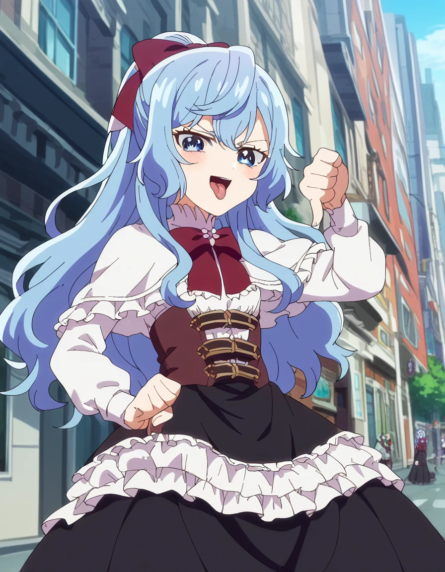 score_9, score_8_up, score_7_up, source_anime, <lora:liselotte-cretia-s2-ponyxl-lora-nochekaiser:1>, liselotte cretia, long hair, blue eyes, bow, blue hair, ponytail, hair bow, red bow, anime screencap,, dress, capelet, corset, frills, long sleeves, black skirt,, city, buildings, streets, cars, people, , <lora:thumbs-down-ponyxl-lora-nochekaiser:1>, thumbs down, blush, from below, smug, tongue, tongue out, open mouth, black background, looking at viewer, solo,, cowboy shot