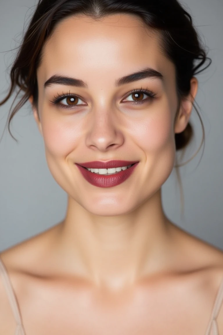 High quality realistic beauty shot of bereflx. A close-up shot of a woman. She is wearing a camisole blouse. Her lips are a dark red color. Her hair is pulled back. The backdrop is a light gray. She is giving a beautiful smile.