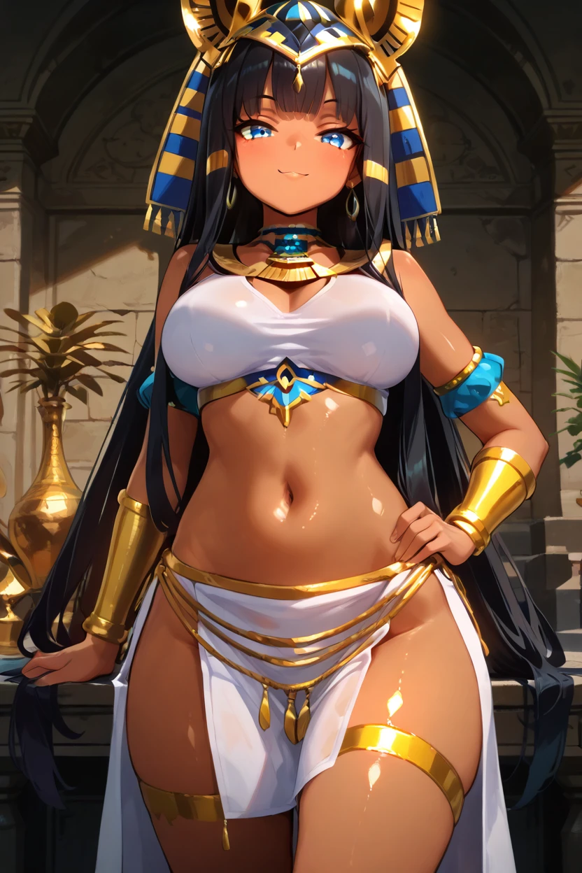 masterpiece, best quality, solo, curvy, beautiful eyes,,<lora:RamessesIXL:1.0>, zzRamesses, blue eyes, black hair, dark skin, pharaoh's headdress, jewelry, gold, white crop top, white pelvic curtain,cowboy shot, hand on hip, smug, smile, looking at viewer, shiny skin,