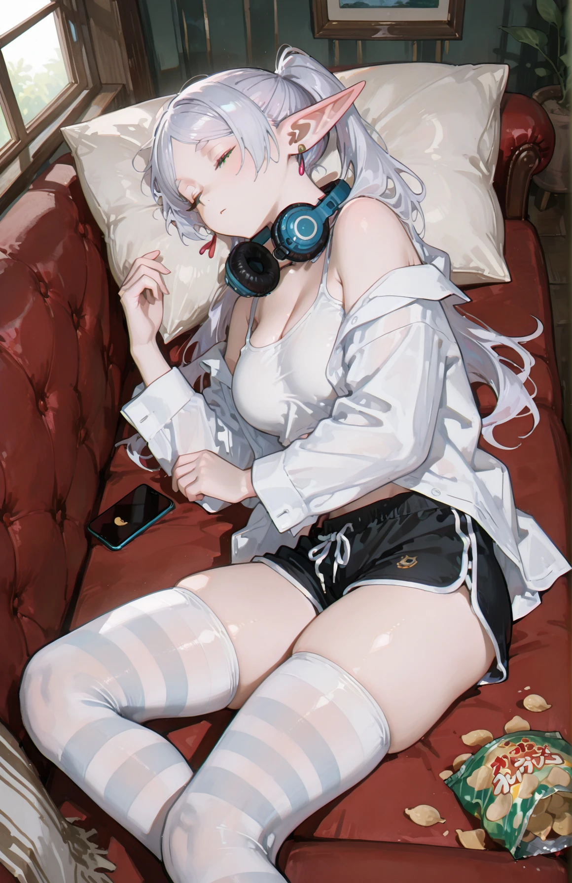 perfect quality,high quality,masterpiece,best quality,amazing quality,very aesthetic,absurdres,newest,
FrierenCyql,1girl,elf,solo,long hair,twintails,white hair,green eyes,pointy ears,earrings,jewelry,<lora:Frieren_Illustrious by Cyql:1>,
headphones,breasts,on side,lying,pillow,thighhighs,shorts,closed eyes,striped clothes,cleavage,chips (food),striped thighhighs,food,large breasts,phone,shirt,cellphone,glasses,short shorts,indoors,black shorts,tank top,potato chips,smartphone,sleeping,couch,thighs,dolphin shorts,open clothes,white thighhighs,window,headphones around neck,white shirt,
<lora:748cmSDXL:0.5>,<lora:illustrious_quality_modifiers_masterpieces_v1:0.8>,<lora:EtherSDXL:0.5>,748cmstyle,EtherStyle,masterpiece,very aesthetic,n,<lora:detailer_v5:0.5>,detailerlora,