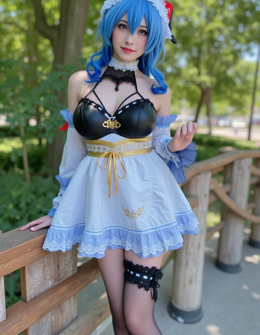 Ultrarealistic Photography, Ganyu Cosplay ganyu french maid,Blue and white cheongsam, qipaoganyu ,hair between eyes, pantyhose ,blue eyes ,black dress ,wide view,full body ,cosplay ,ganyu ,thick body , ganyu ,long black hair, in the green park <lora:ganyucosplay:1>
