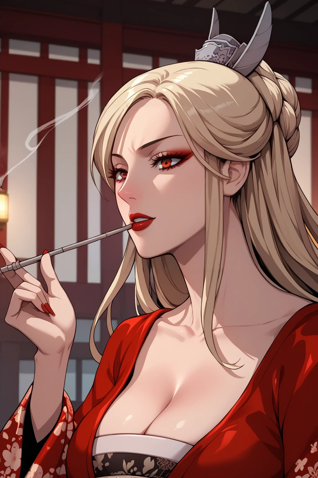 score_9, score_8_up, score_7_up, masterpiece, high quality, extreme detail, absurdres, (detailed skin texture) BREAK
<lora:Blue SpiritPonyLora:1>BluSpi, long hair, braid, hair ornament, cleavage, kimono, floral print, wide sleeves, holding, smoking pipe, holding smoking pipe, kiseru, mouth hold, smoke