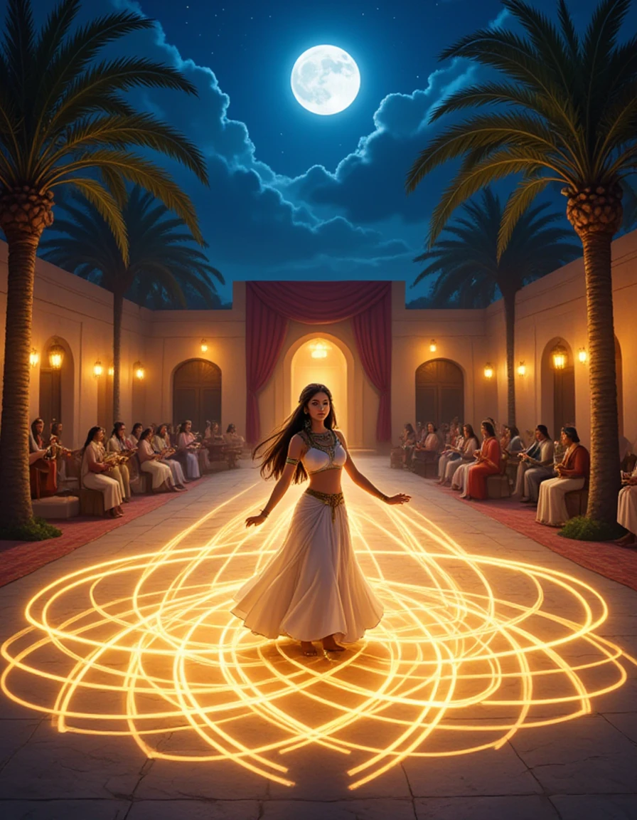 A mystical Egyptian dancer performing under a full moon, her movements creating trails of golden light. The background is a vibrant courtyard filled with lush palm trees, colorful drapes, and musicians playing traditional instruments. Perspective: top-down view, focusing on her intricate movements and the luminous patterns she creates., anime