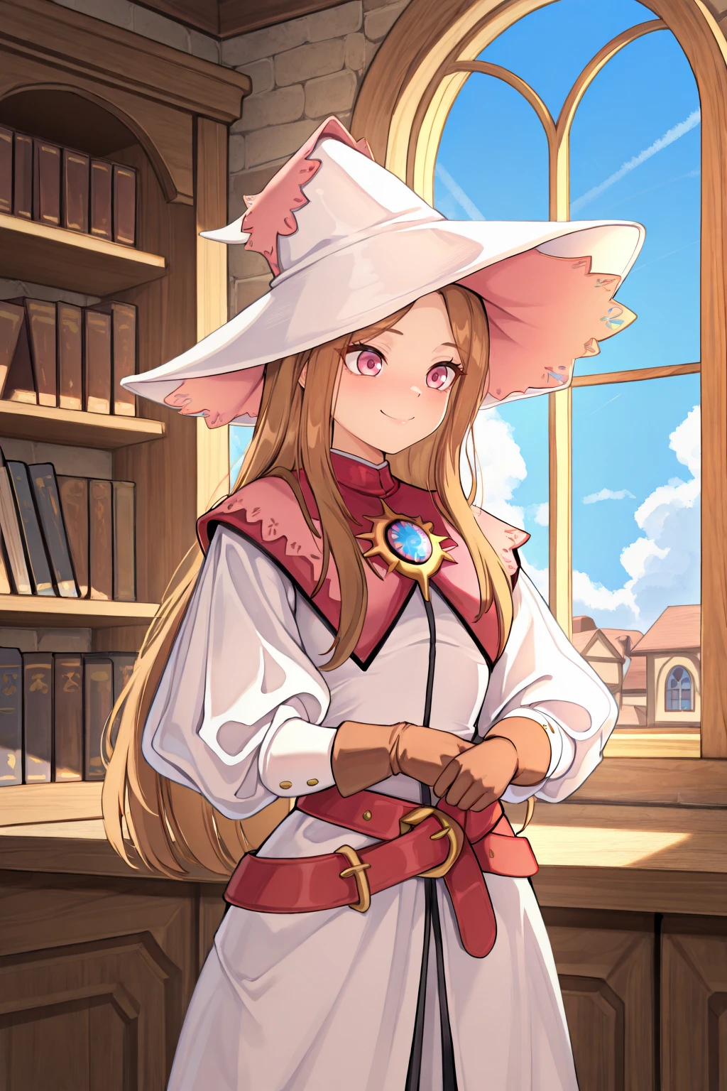 masterpiece, very aesthetic, absurdres, best quality, amazing quality, high resolution, <lora:illustrious_quality_modifiers_masterpieces_v1:0.8> , <lora:ChamIllustriousBackgroundEnhancer:0.5>, solo, <lora:RosaryIL:0.8> , RosaDef, brown hair, long hair, pink eyes, white witch hat, white dress, red belt, juliet sleeves, gloves, interior, office, cowboy shot, smile, medieval fantasy, manhwa style, window, blue sky, clouds, bookshelves