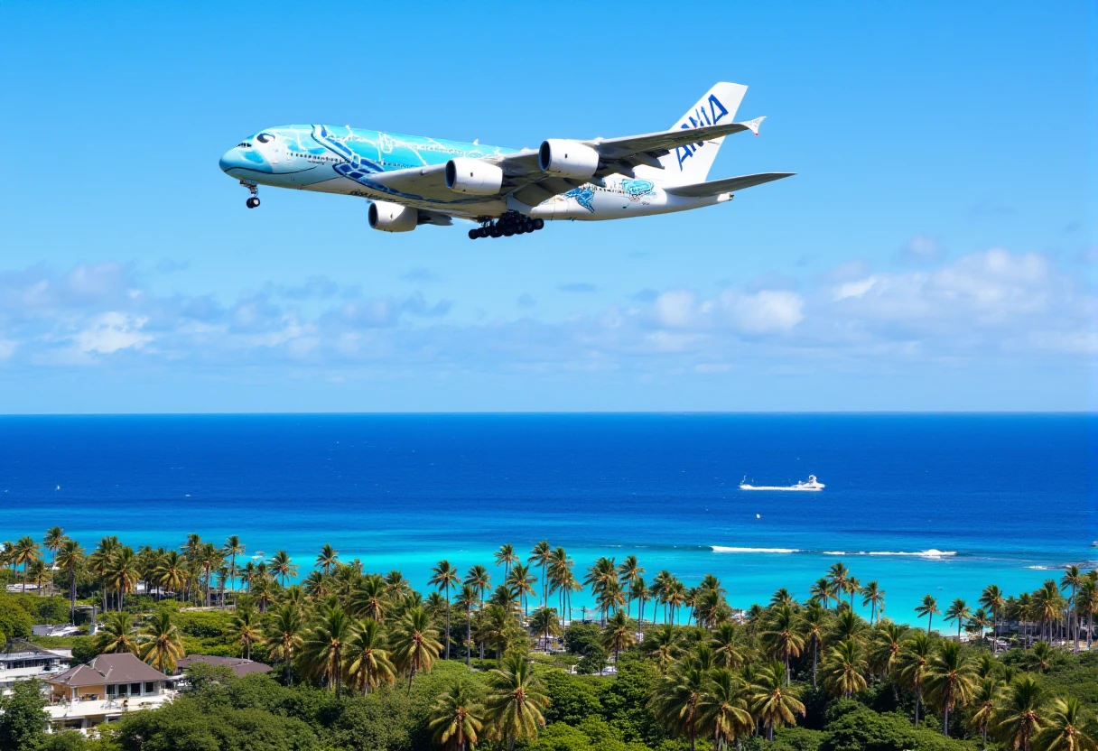 Plane flying over Hawaii, palm trees, blue sea, yacht, <lora:flying_honu:1>, flying_honu, a380,, unit 2, <lora:aidmaImageUpraderv0.3:0.7> aidmaimageupgrader