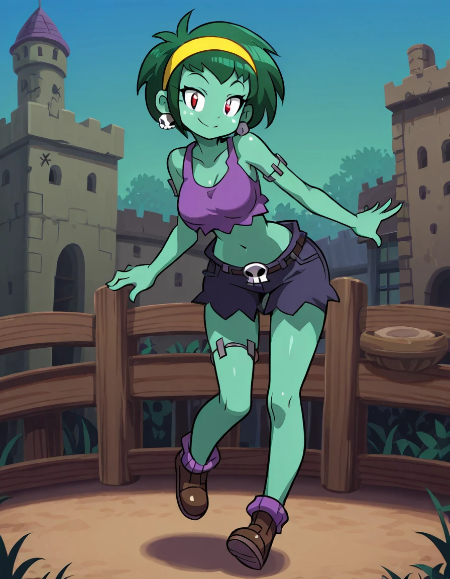 <lora:RottyTopsIllustrious1.0JLFO:1> rottytops, solo, yellow hairband, 1girl, green skin, green hair, short hair, skull earrings, zombie, purple tank top, midriff, shorts, stitches, smile, breasts, red eyes, looking at viewer,outdoors, simple background, full body