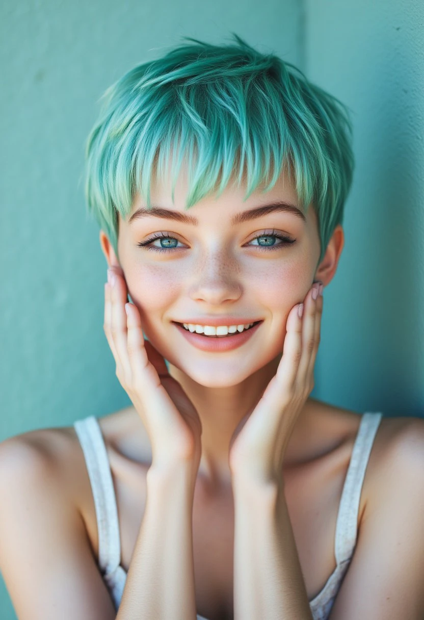 FictionalVicky short teal pixie cut hairstyle, slender frame, pale white skin, blue eyes. doing s cute face and touching her cheeks with both index fingers