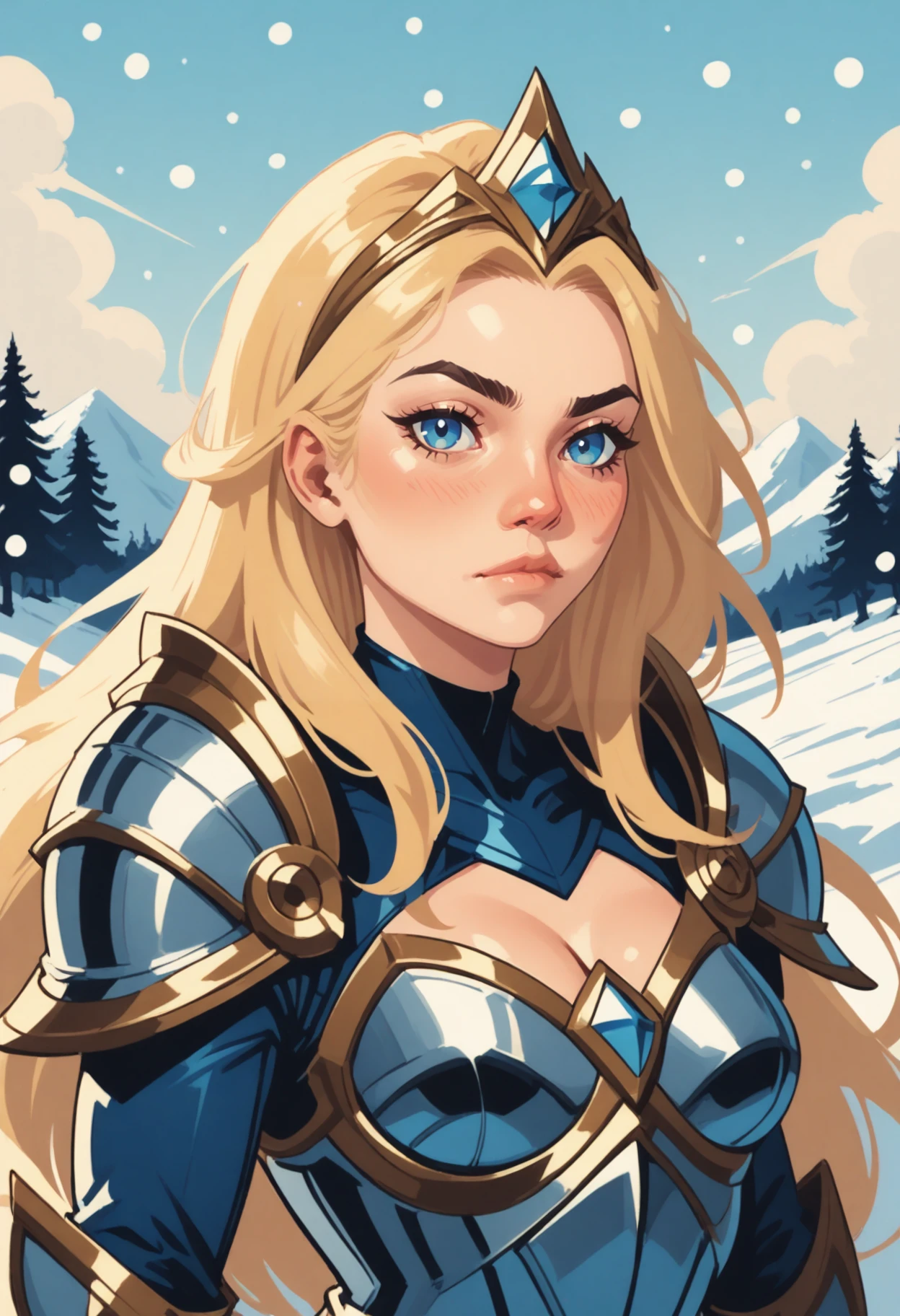 1girl, breasts, blonde hair, snow, armor, blue eyes, solo, snowing, long hair, tiara, mountain, outdoors, shoulder plates, cleavage, boobplate, medium breasts, upper body, shoulder armor, looking at viewer, sky, winter, day, cloud, diadem, tree, crown, pine tree, breastplate, closed mouth, blue sky, blue shirt, lux (league of legends), pauldron 
 <lora:vmix2-i:1> vmix