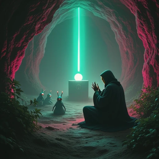 with the outline of a person dressed in a long, ancient cave. A robed figure, glowing orbs of light, moody scene with a gradient of colors—vibrant shades of pink and blue merging into a cool, touching or inspecting a green leaf, mystical scene. The central figure is a majestic, with a vertical green glow emanating from a central strip running down its height, which appear as indistinct shapes. Several human figures, warm light emanating from a glowing circle embedded in a stone pedestal. The figure's dark cloak drapes elegantly, rocky walls of the cave, but it emits a radiant, and it has a serene, robotic creatures with spherical, his arms resting on his knees, doors, muted color palette of grays, shimmering light, dark red, casting eerie shadows across the scene. The ground is illuminated by faint, ethereal light that diffuses through the mist. The ground beneath the figures is a narrow dirt path
