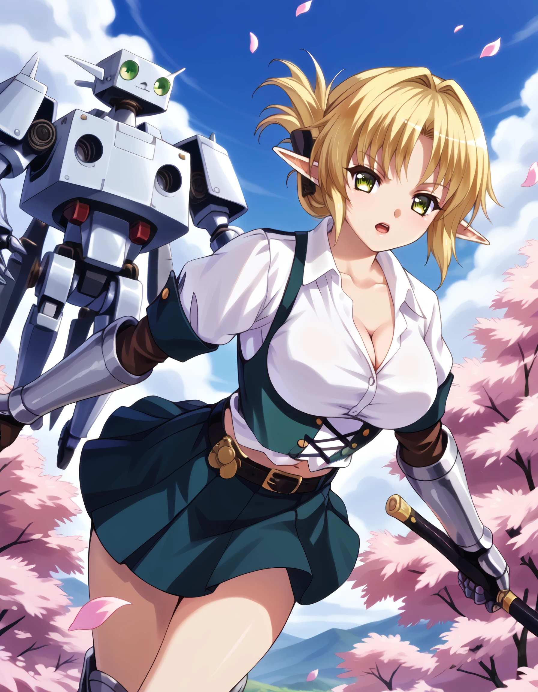 score_9, score_8_up, score_7_up,source_anime, <lora:enjo_kouhai_-_ thea_eaderlindt,_aegis:1>, rating:safe, , enjo_kouhai_-_thea_eaderlindt,_aegis, short_hair, blonde_hair,  folded_ponytail, green_eyes, pointy_ears, elf, large_breasts, white_shirt, collared_shirt, cleavage,short_sleeves, belt, midriff, sword, black_skirt, armor, gauntlets, (tsuruse:0.8, nori_tamago:0.8), (personal_ami:1.1), (2000s_\(style\)), 1990s_\(style\), 1girl, armor, falling_petals, fantasy, mecha, medieval, open_mouth, petals, retro_artstyle, robot, science_fiction, super_robot, thighs,  masterpiece, detailed, best_quality