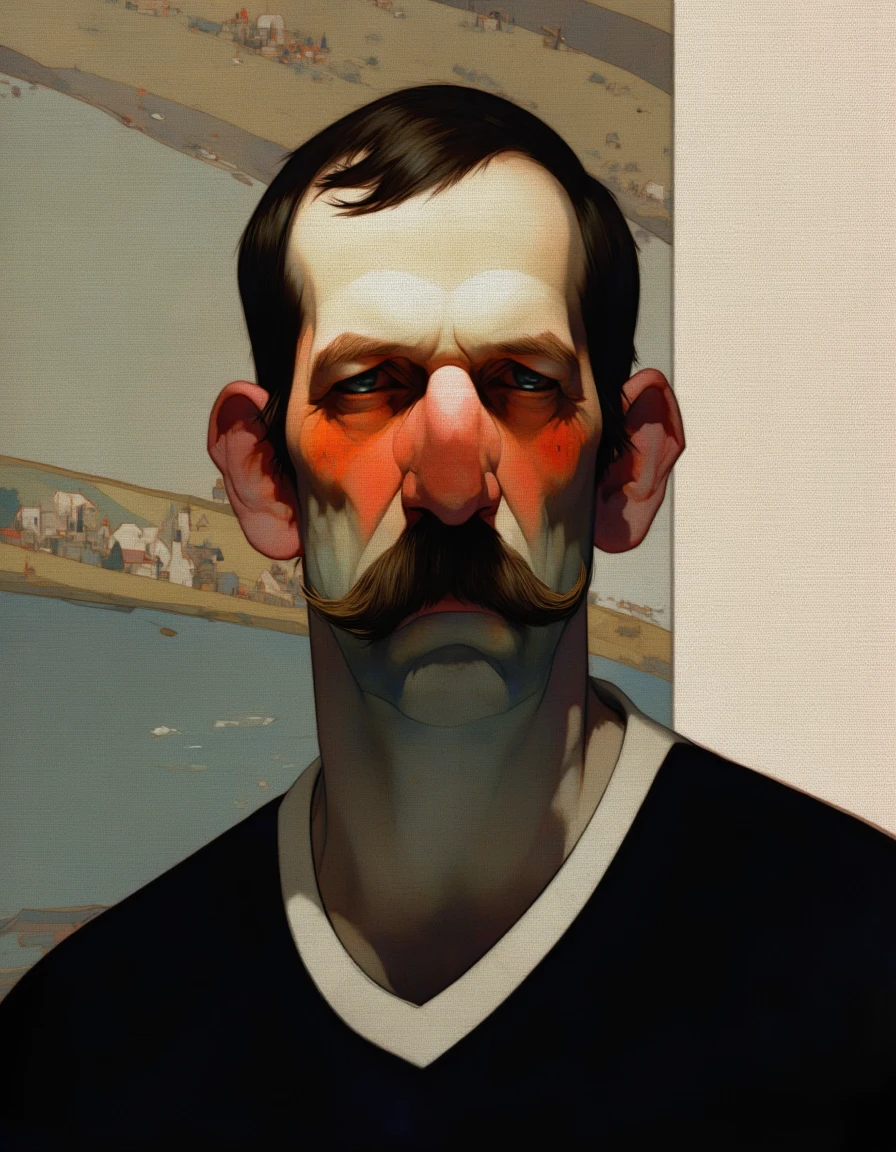 Steve McDonald Art. This is a digital painting of a man's face, rendered in a realistic yet stylized manner. The subject is a middle-aged man with a prominent, dark mustache and a solemn expression. His skin is fair with a subtle reddish hue, suggesting the light source is from the left side, casting a soft glow on his face. The man's hair is dark and styled in a classic, slightly wavy manner, with a few strands falling across his forehead. He is wearing a white collar under a dark shirt, with the dark fabric of the shirt contrasting sharply against the lighter tones of his face and collar.
The background is abstract and muted, featuring soft, gradient colors that blend from dark to light, creating a neutral backdrop that does not distract from the subject. The painting uses a smooth, almost velvety texture, with subtle brushstrokes and shading that add depth and realism to the face. The overall style is reminiscent of classical portraiture, with a modern digital twist that enhances the detailed and expressive features of the subject. The image captures a moment of introspection or contemplation, with the man's gaze directed slightly downwards, adding to the somber mood of the painting. <lora:Steve_McDonald:1.25>