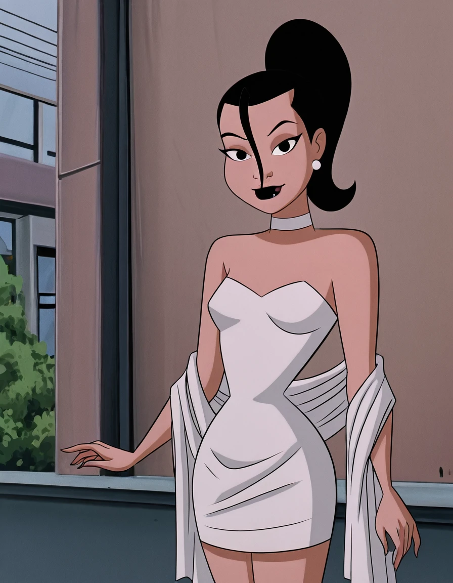 (intricately detailed, best quality, high resolution, highly detailed skin:1.4), <lora:m4x1n3BB-10:0.6> m4x1n3bb, dark-skinned female, very short pink hair, black eyes, strapless black dress, a girl sits at a table in a crowded fancy restaurant,