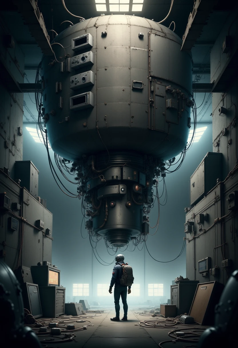 YFG-SpyWorld50s The image is a digital illustration of a futuristic space station. The focal point of the image is the central part of the space station, which appears to be a large, cylindrical structure with multiple windows on the left side. The structure is made up of multiple layers of metal, with intricate details and patterns. The top layer is covered in wires and cables, while the bottom layer is filled with wires and wires. The wires are connected to the structure, creating a chaotic and chaotic scene. In the background, there is a large window that lets in natural light. The room is dimly lit, with a hint of blue and gray tones. A person is standing in the center of the room, facing away from the camera. The person is wearing a helmet and carrying a backpack, and there are several other objects scattered around the room. The overall mood of the illustration is eerie and mysterious.