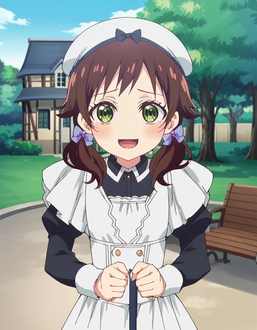 score_9, score_8_up, score_7_up, source_anime, <lora:seireigensouki-chloe-s2-ponyxl-lora-nochekaiser:1>, chloe, brown hair, twintails, green eyes, hair bow, anime screencap,, long sleeves, hat, apron, maid, gazebo, park, shelter, outdoors, wooden, smile, <lora:breast-press-pov-ponyxl-lora-nochekaiser:1>, breast press pov, breast press, pov, from above, clenched hands, blush, looking up, open mouth, embarrassed, cowboy shot, looking at viewer, solo,, cowboy shot