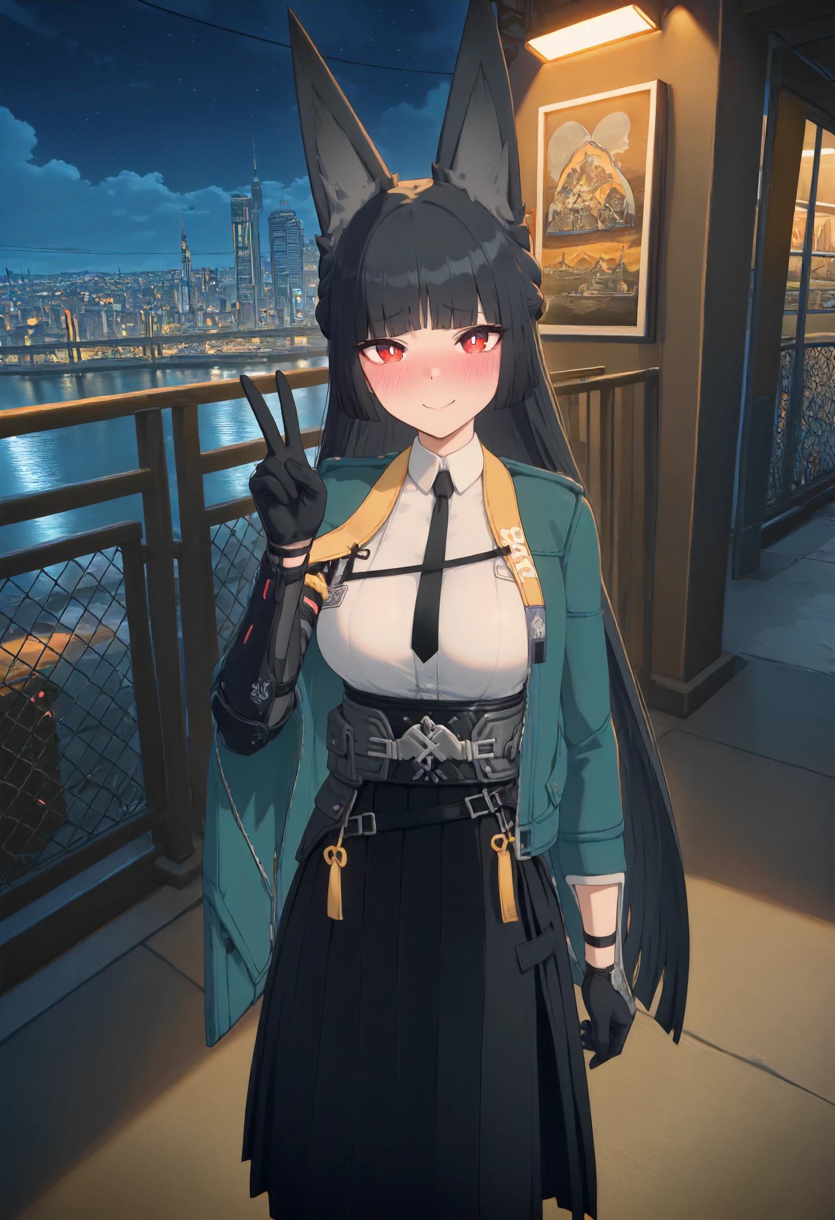 masterpiece, best quality, amazing quality, very aesthetic, absurdres, newest, scenery, volumetric lighting, perfect eyes, ultra detailed,
1girl, Hoshimi Miyabi, solo, black fox ears, black hair, bangs, long hair, red eyes, white pupils,
green cape jacket, white shirt, black tie, belt, clasp, black gloves, long skirt, black skirt, open side skirt, pantyhose, black boots,
standing, looking at viewer, gentle smile, blushing, nervous smile, peace sign,
city, night sky, beautiful frame, backlighting,
<lora:Hoshimi_Miyabi_-_Zenless_Zone_Zero_ZZZ__Illustrious:1>
masterpiece, best quality, amazing quality, very aesthetic, absurdres, newest, scenery, volumetric lighting, perfect eyes, ultra detailed,