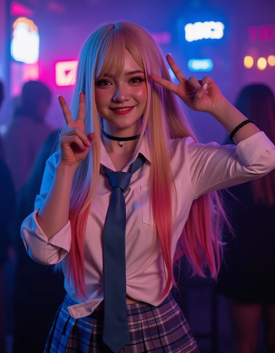 Ultrarealistic Photography, a caucasian Mar1n_K1tagawa , cosplay, long hair, blonde hair, red eyes, piercing, earrings, ear piercing, stud earrings, black choker, loose necktie, school uniform, white collared shirt, pleated skirt, plaid skirt, bead bracelet, wrist scrunchie, long fingernails, peace hand sign , during the nigth, she is in a bar, neon ligths blue and pink colors <lora:marin-kitagawa:1>